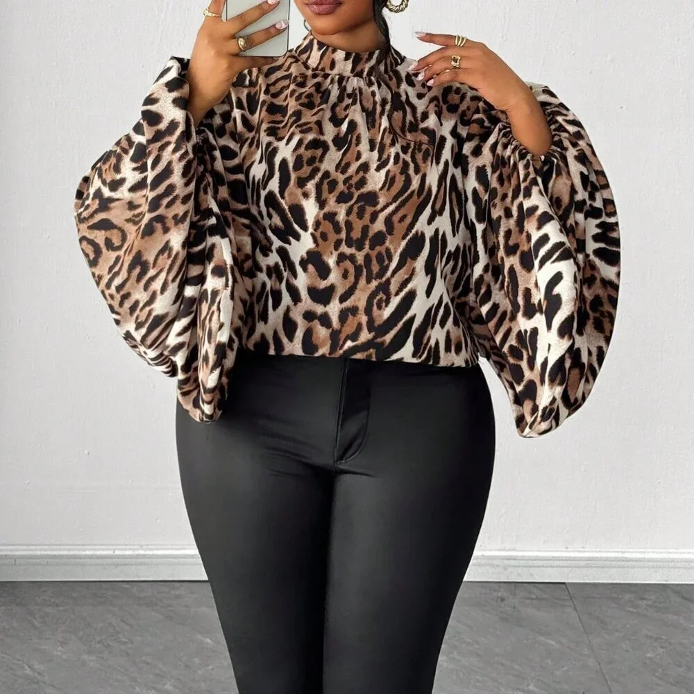 Khaki Elegant Women's Leopard Print Long Sleeve Plus Size Shirt